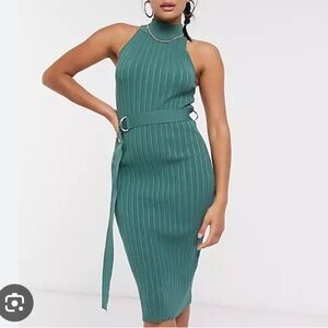 💙4th +Reckless High Neck Belted Ribbed MIdi Dress